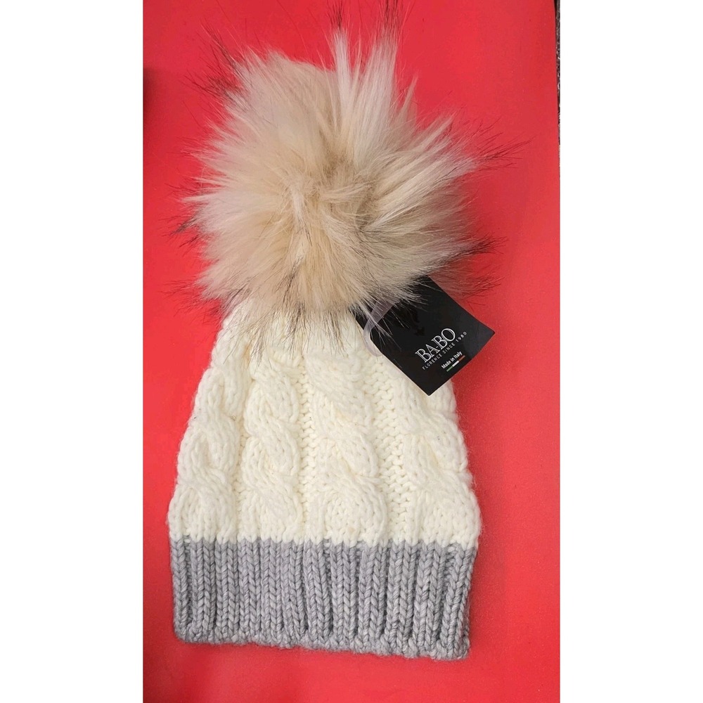 ANTHROPOLOGIE NWT BA-BO Wool Blend Italian Chunky Cable Knit Beanie Faux Fur Pom